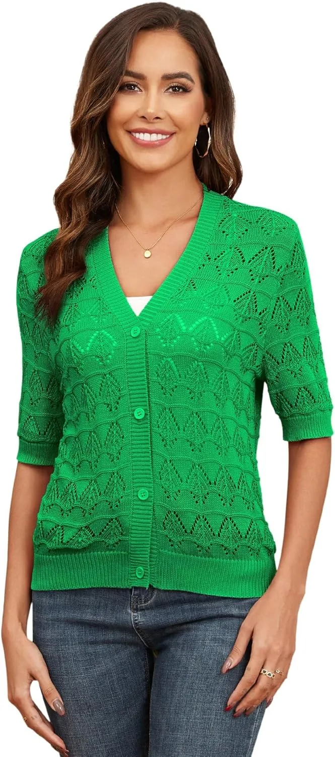 Genhoo Cropped Cardigan Sweaters for Women Short Sleeve Crochet Knit Bolero Shrug V-Neck Button up Hollowed-Out Knit Sweater