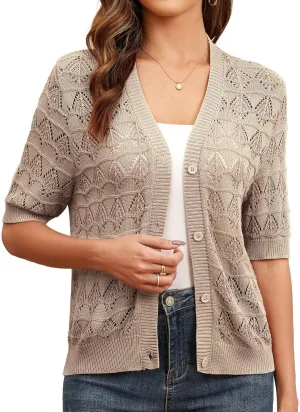 Genhoo Cropped Cardigan Sweaters for Women Short Sleeve Crochet Knit Bolero Shrug V-Neck Button up Hollowed-Out Knit Sweater