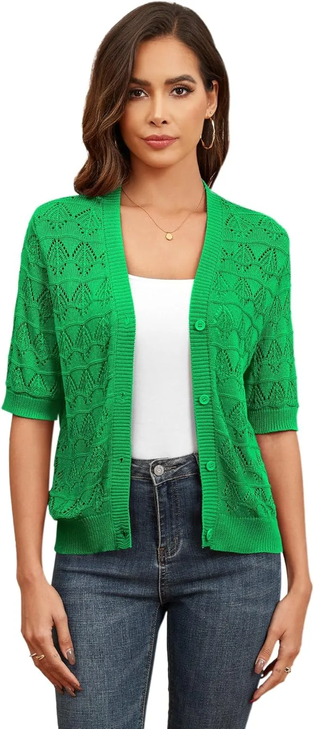 Genhoo Cropped Cardigan Sweaters for Women Short Sleeve Crochet Knit Bolero Shrug V-Neck Button up Hollowed-Out Knit Sweater