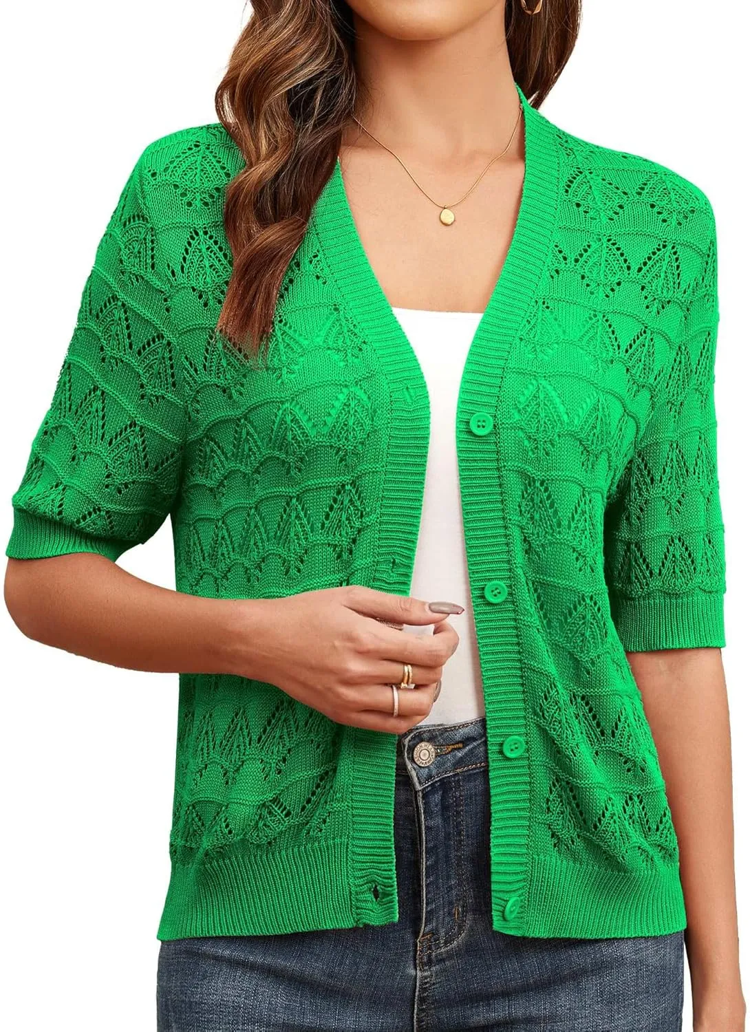 Genhoo Cropped Cardigan Sweaters for Women Short Sleeve Crochet Knit Bolero Shrug V-Neck Button up Hollowed-Out Knit Sweater