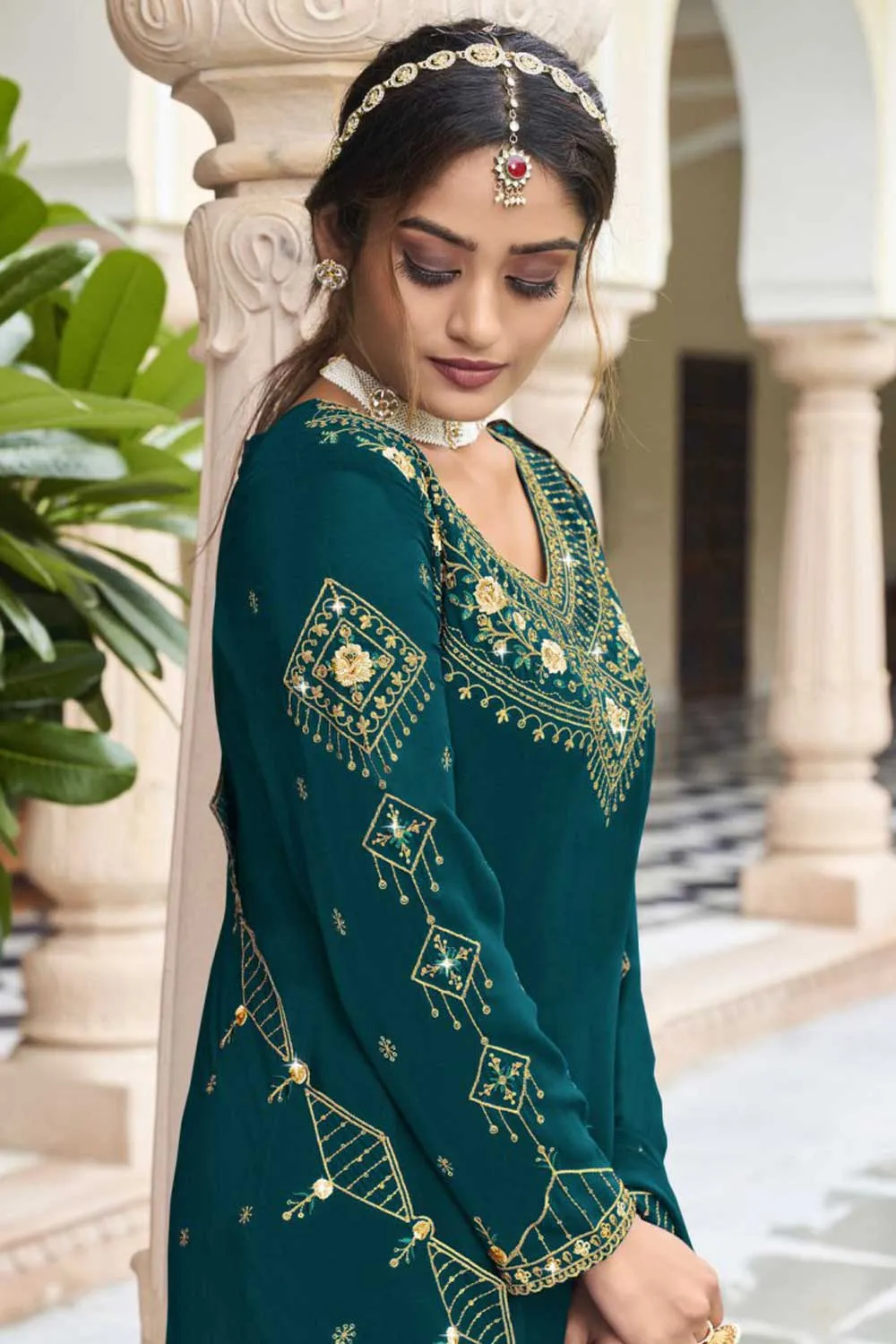 Georgette Fabric Teal Color Elegant Sharara Suit