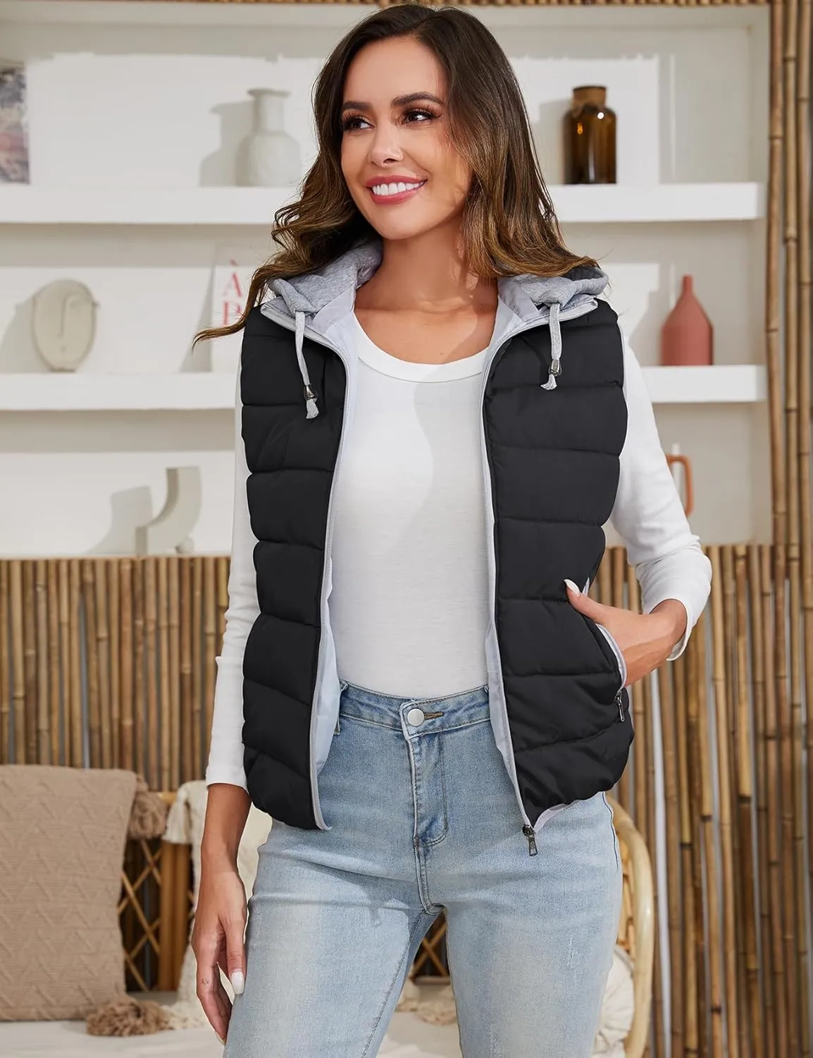 Gihuo Women's Puffer Vest Zip Up Quilted Padded Winter Sleeveless Hooded Vest Gilet Warm Jacket Outerwear Vest