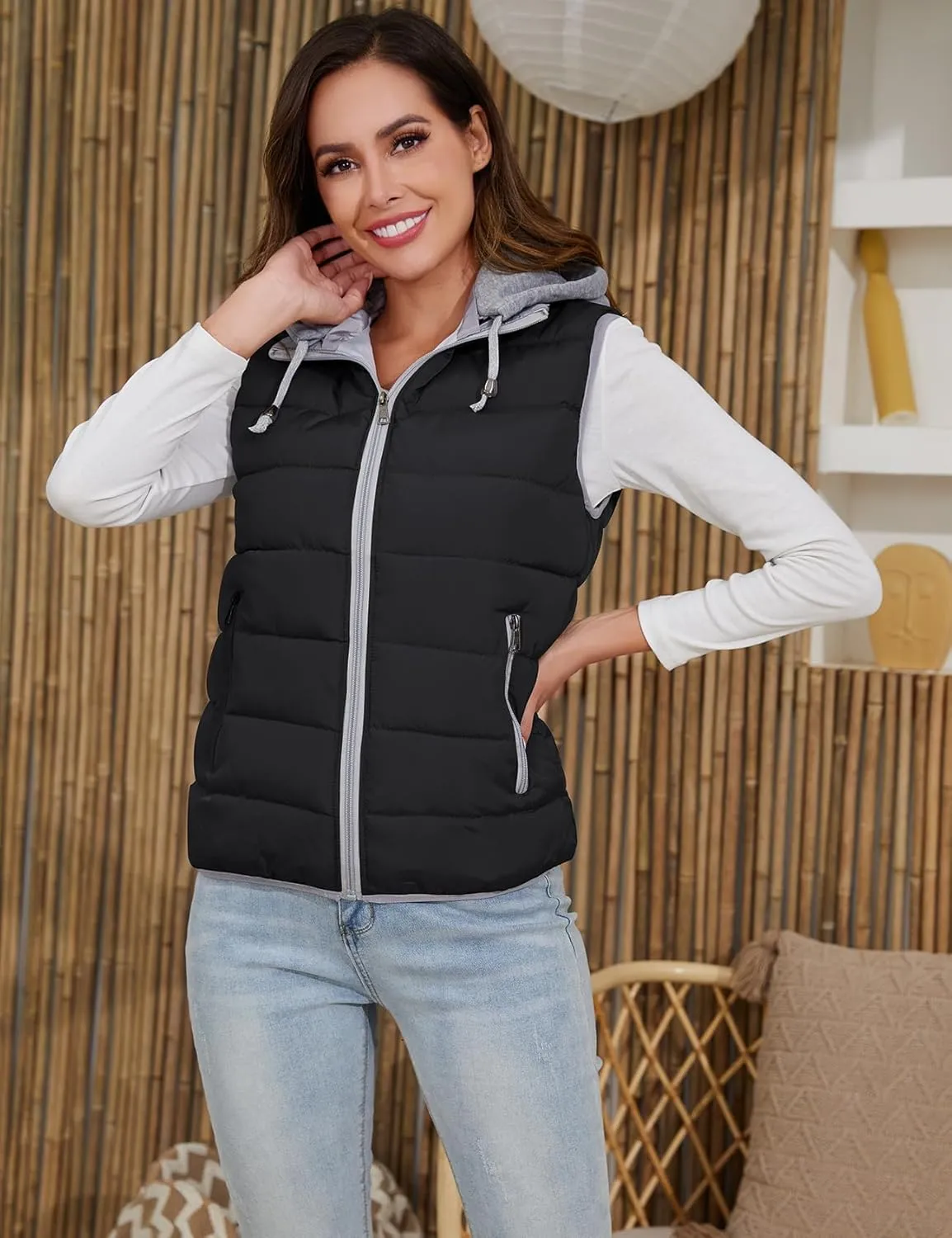 Gihuo Women's Puffer Vest Zip Up Quilted Padded Winter Sleeveless Hooded Vest Gilet Warm Jacket Outerwear Vest
