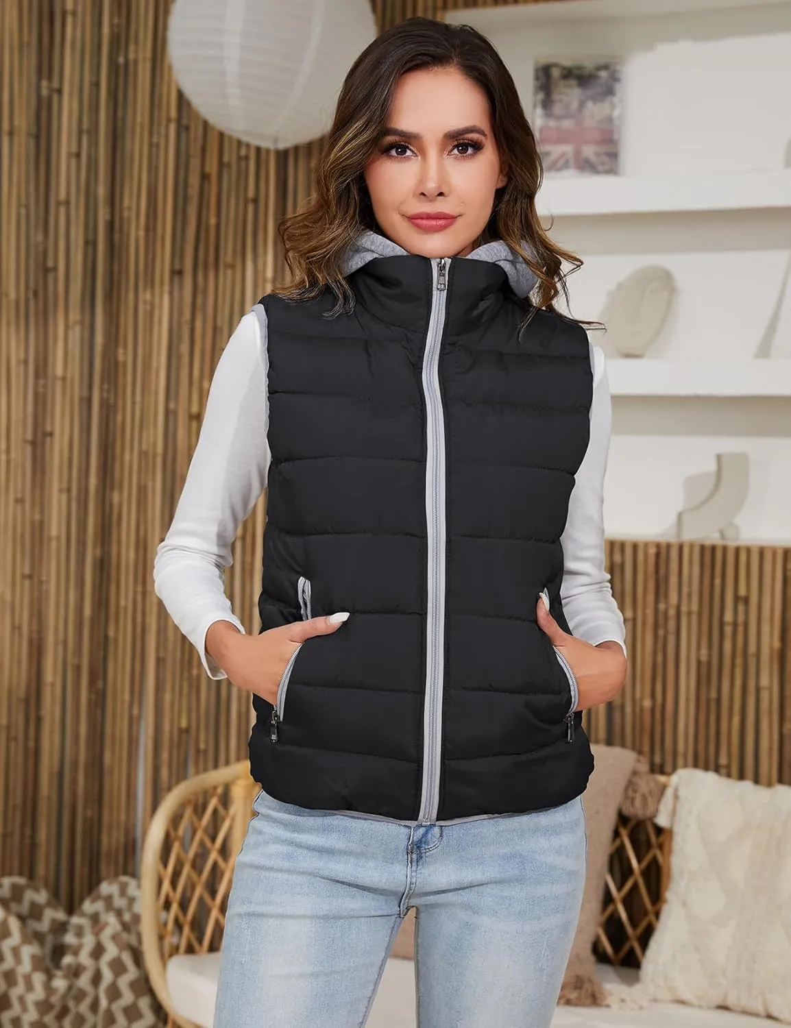 Gihuo Women's Puffer Vest Zip Up Quilted Padded Winter Sleeveless Hooded Vest Gilet Warm Jacket Outerwear Vest