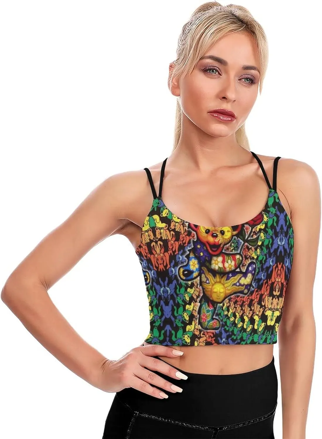 Girl Yoga Tops for Women Built in Bra Padded Strappy Back Crop Activewear Workout Compression Tops Funny Graphic