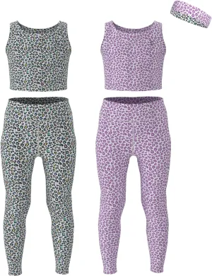 Girls Athletic Leggings Yoga Pants w/Sleeveless Crop Tank Tops for Kids Workout Cheer Dance Run Sizes 3-16, 5pc Set