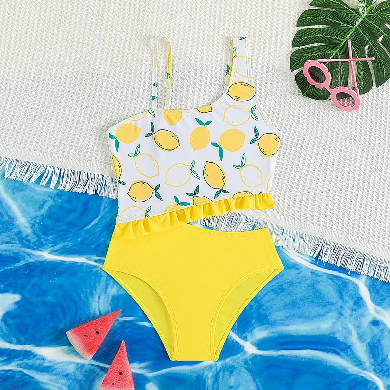 Girls One Piece Swimsuit One Shoulder Bathing Suit Lemon Print Adjustable Strap Swimwear for Size 5-14 Years