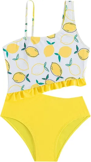 Girls One Piece Swimsuit One Shoulder Bathing Suit Lemon Print Adjustable Strap Swimwear for Size 5-14 Years