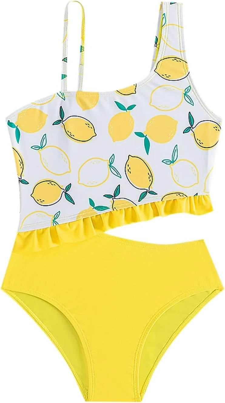 Girls One Piece Swimsuit One Shoulder Bathing Suit Lemon Print Adjustable Strap Swimwear for Size 5-14 Years