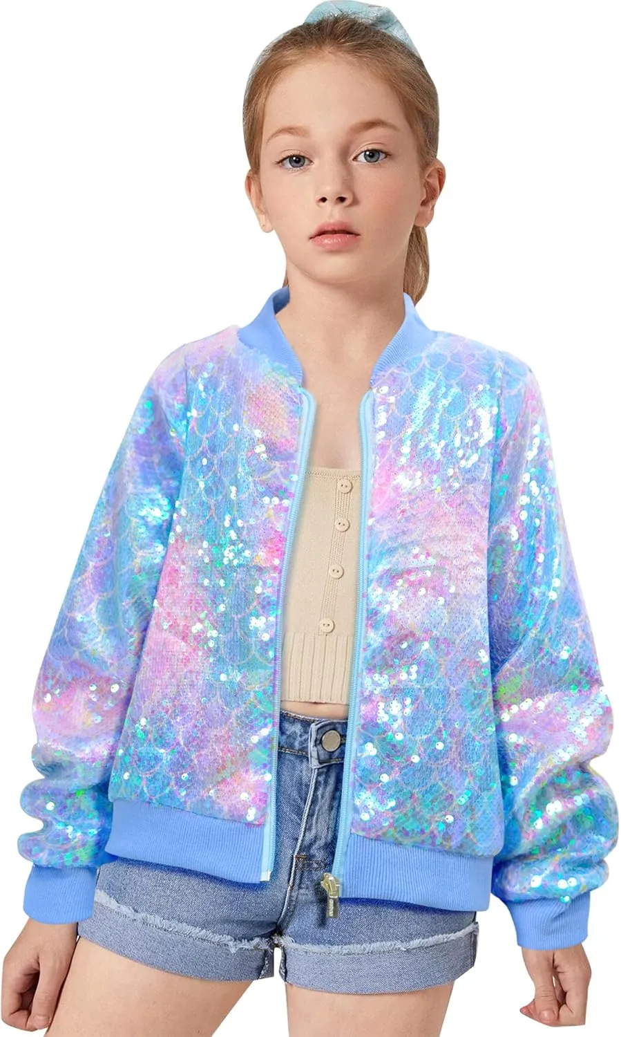 Girls Sequin Bomber Jacket Zip Up Coats Glitter Outerwear Jackets For Girl Kids Birthday Concert Varsity Jacket 4-9Y