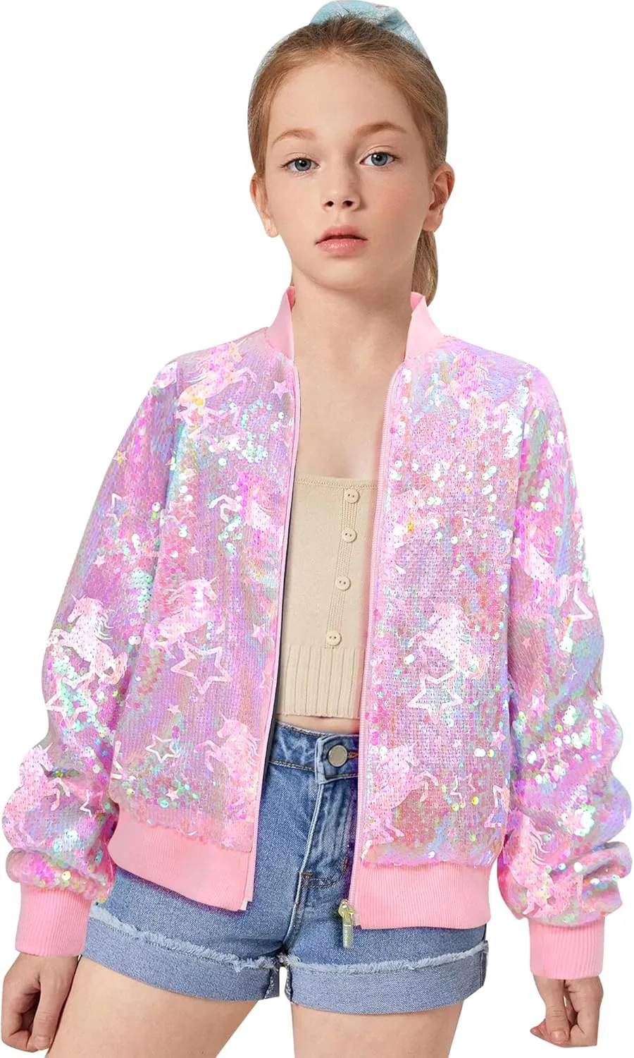 Girls Sequin Bomber Jacket Zip Up Coats Glitter Outerwear Jackets For Girl Kids Birthday Concert Varsity Jacket 4-9Y