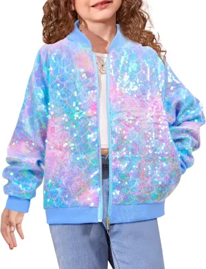 Girls Sequin Bomber Jacket Zip Up Coats Glitter Outerwear Jackets For Girl Kids Birthday Concert Varsity Jacket 4-9Y