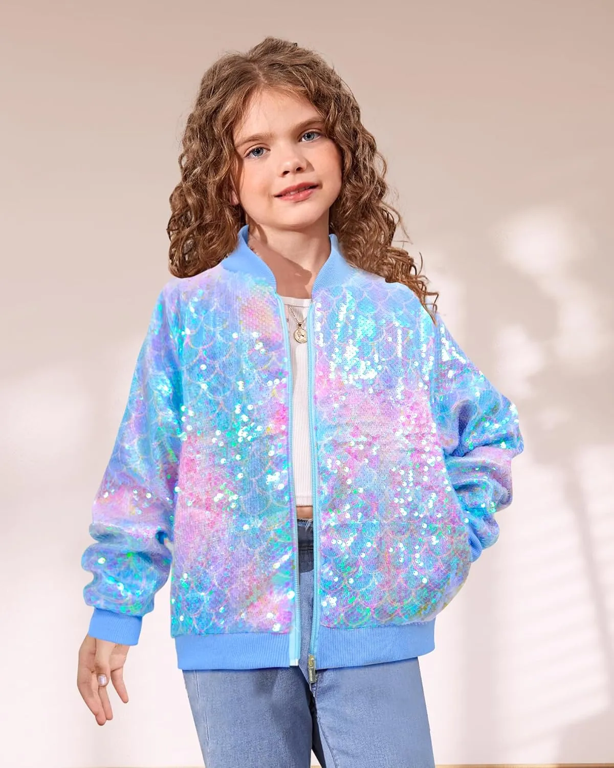 Girls Sequin Bomber Jacket Zip Up Coats Glitter Outerwear Jackets For Girl Kids Birthday Concert Varsity Jacket 4-9Y