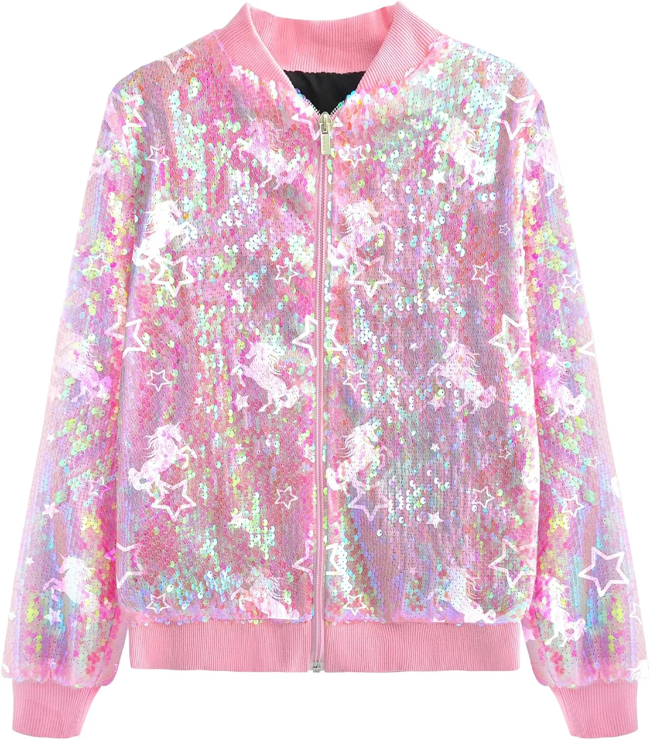 Girls Sequin Bomber Jacket Zip Up Coats Glitter Outerwear Jackets For Girl Kids Birthday Concert Varsity Jacket 4-9Y