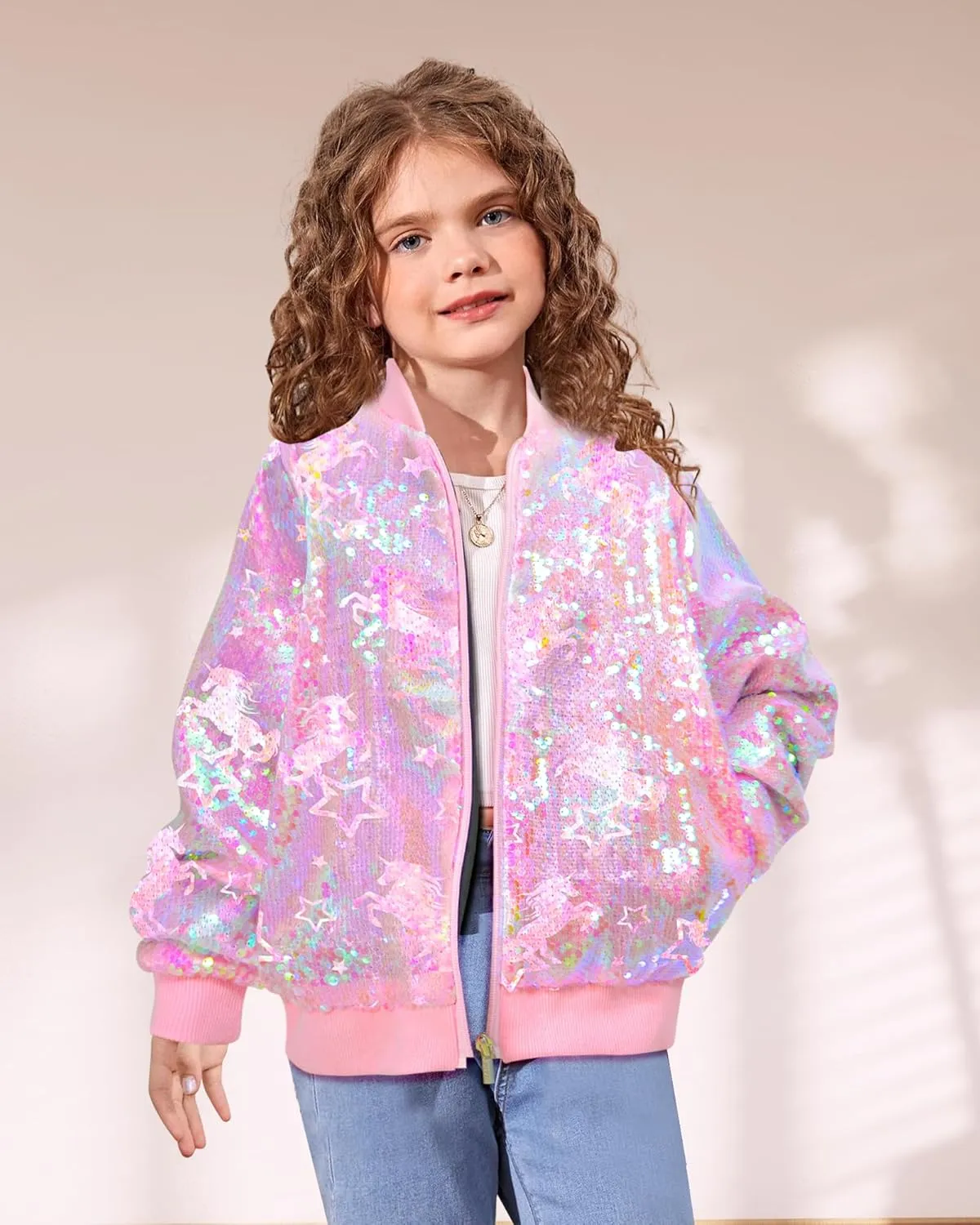 Girls Sequin Bomber Jacket Zip Up Coats Glitter Outerwear Jackets For Girl Kids Birthday Concert Varsity Jacket 4-9Y