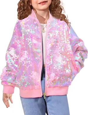 Girls Sequin Bomber Jacket Zip Up Coats Glitter Outerwear Jackets For Girl Kids Birthday Concert Varsity Jacket 4-9Y