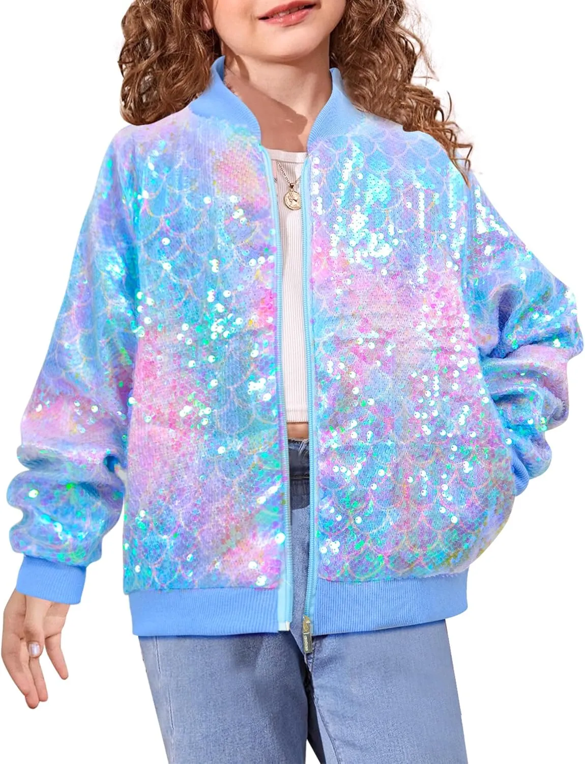 Girls Sequin Bomber Jacket Zip Up Coats Glitter Outerwear Jackets For Girl Kids Birthday Concert Varsity Jacket 4-9Y