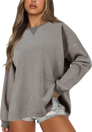 GOFULY Women'S Crewneck Sweatshirts Lightweight Waffle Knit Shirts Long Sleeve Fall Pullover Ribbed Color Block Sweatshirt