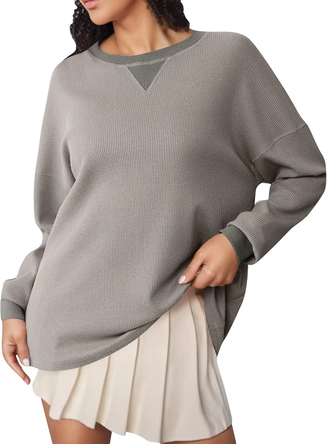 GOFULY Women'S Crewneck Sweatshirts Lightweight Waffle Knit Shirts Long Sleeve Fall Pullover Ribbed Color Block Sweatshirt