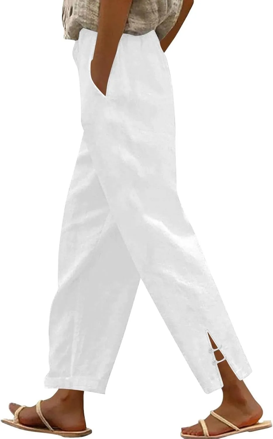 GOFULY Womens Linen Pants Casual Wide Leg High Rise Pants Beach Elastic Waist 2025 Summer Soft Solid Trouser with Pockets