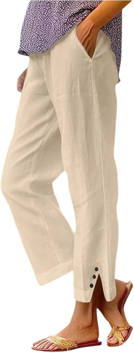 GOFULY Womens Linen Pants Casual Wide Leg High Rise Pants Beach Elastic Waist 2025 Summer Soft Solid Trouser with Pockets