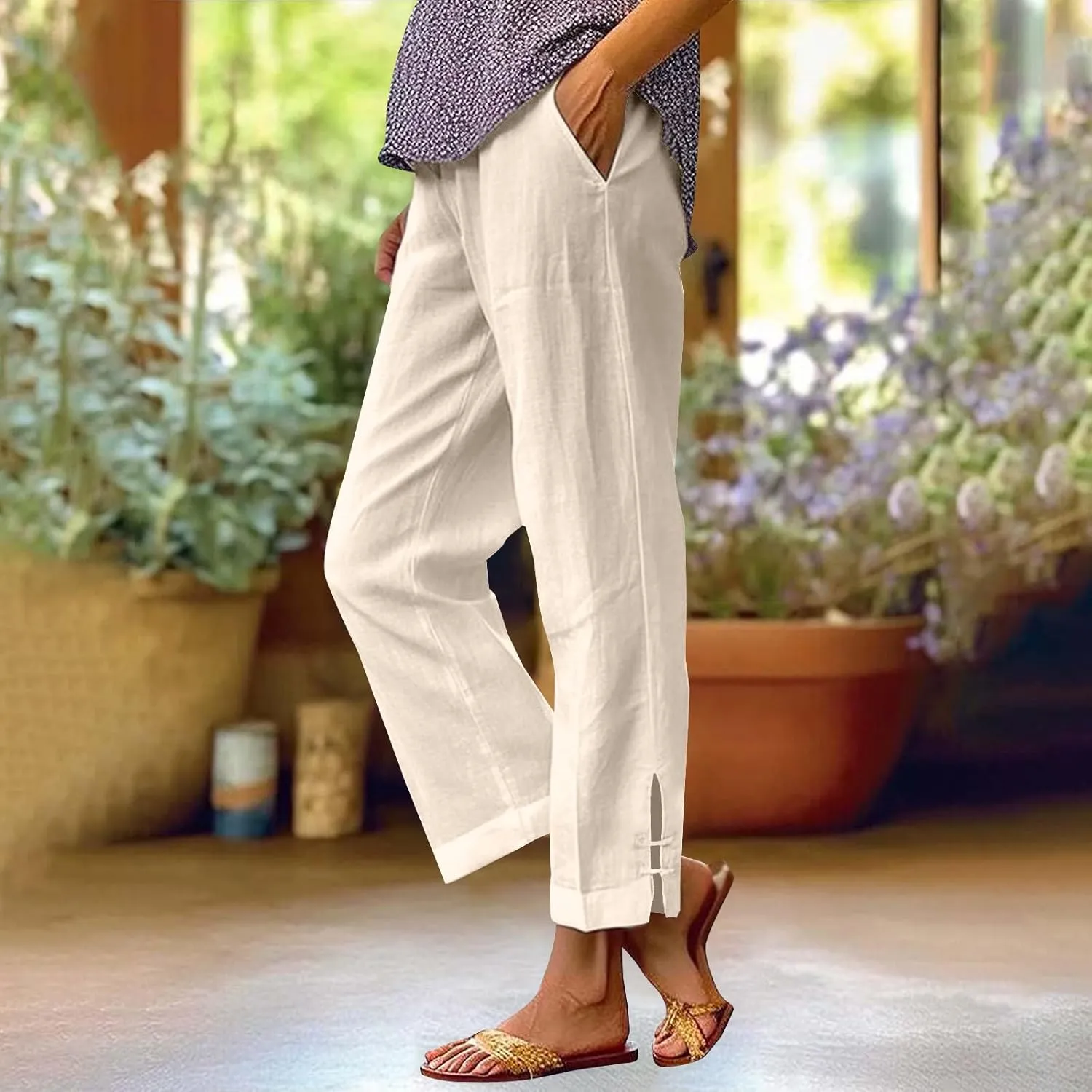 GOFULY Womens Linen Pants Casual Wide Leg High Rise Pants Beach Elastic Waist 2025 Summer Soft Solid Trouser with Pockets