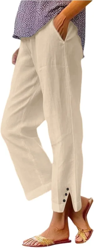 GOFULY Womens Linen Pants Casual Wide Leg High Rise Pants Beach Elastic Waist 2025 Summer Soft Solid Trouser with Pockets