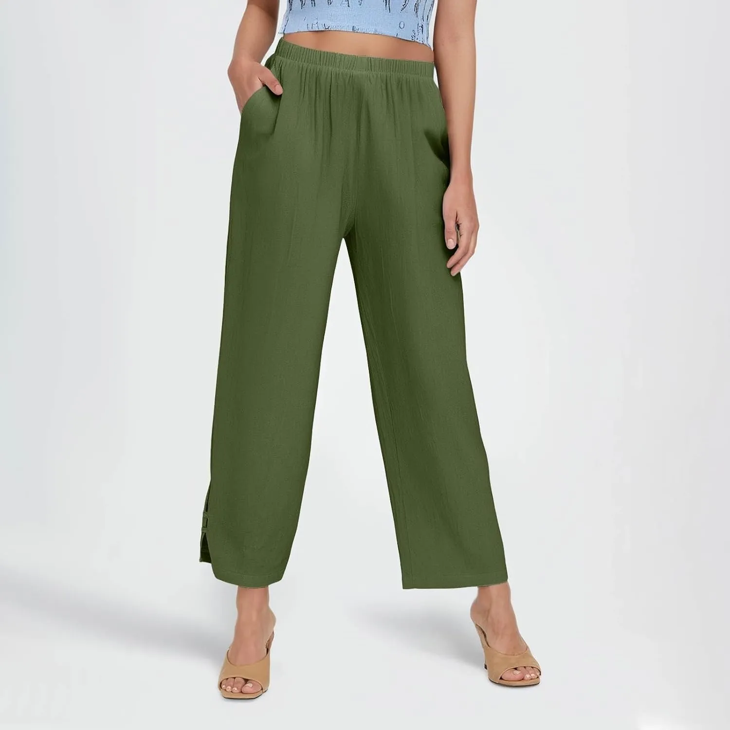 GOFULY Womens Linen Pants Casual Wide Leg High Rise Pants Beach Elastic Waist 2025 Summer Soft Solid Trouser with Pockets