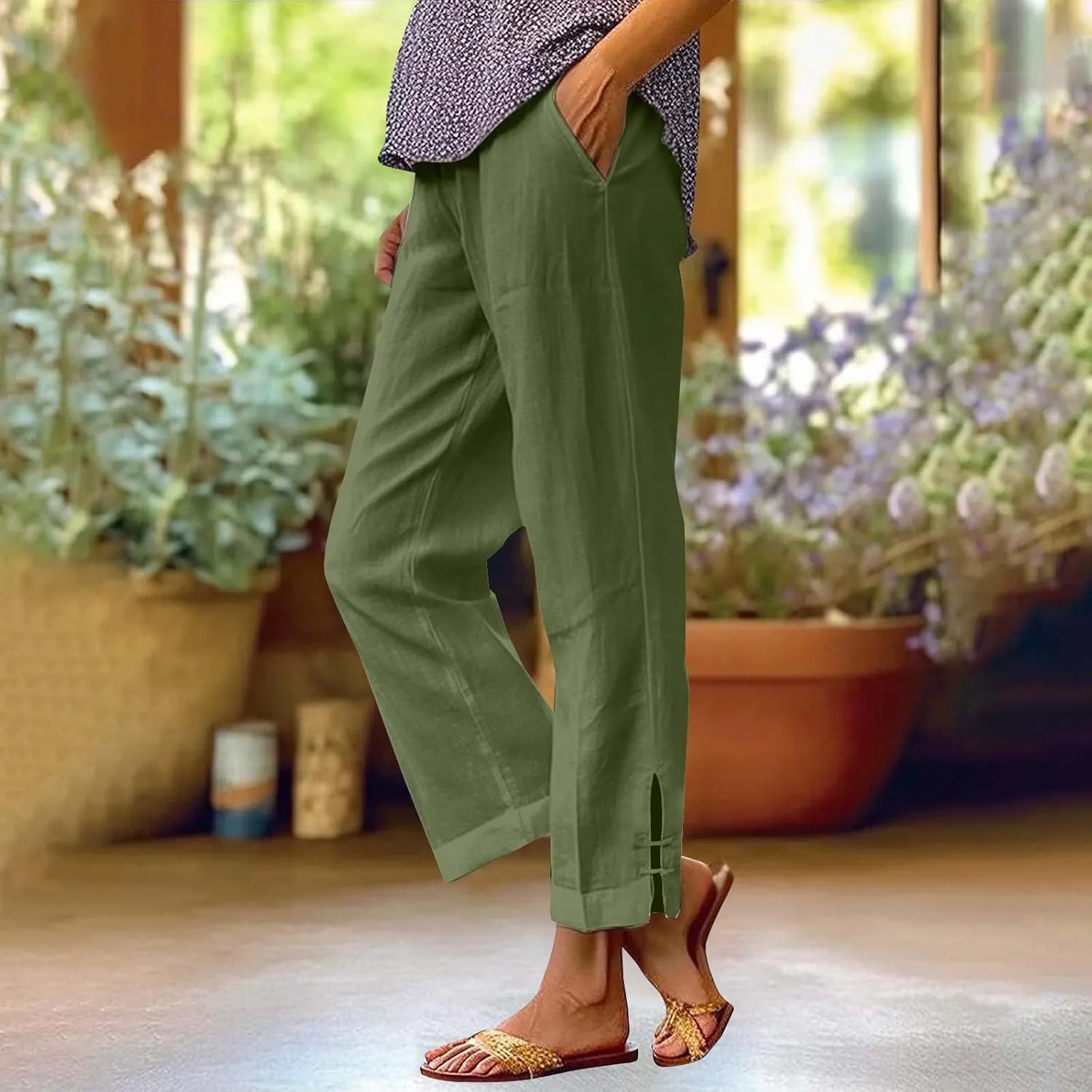 GOFULY Womens Linen Pants Casual Wide Leg High Rise Pants Beach Elastic Waist 2025 Summer Soft Solid Trouser with Pockets