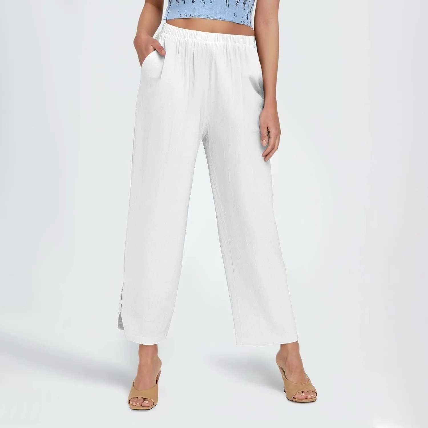 GOFULY Womens Linen Pants Casual Wide Leg High Rise Pants Beach Elastic Waist 2025 Summer Soft Solid Trouser with Pockets