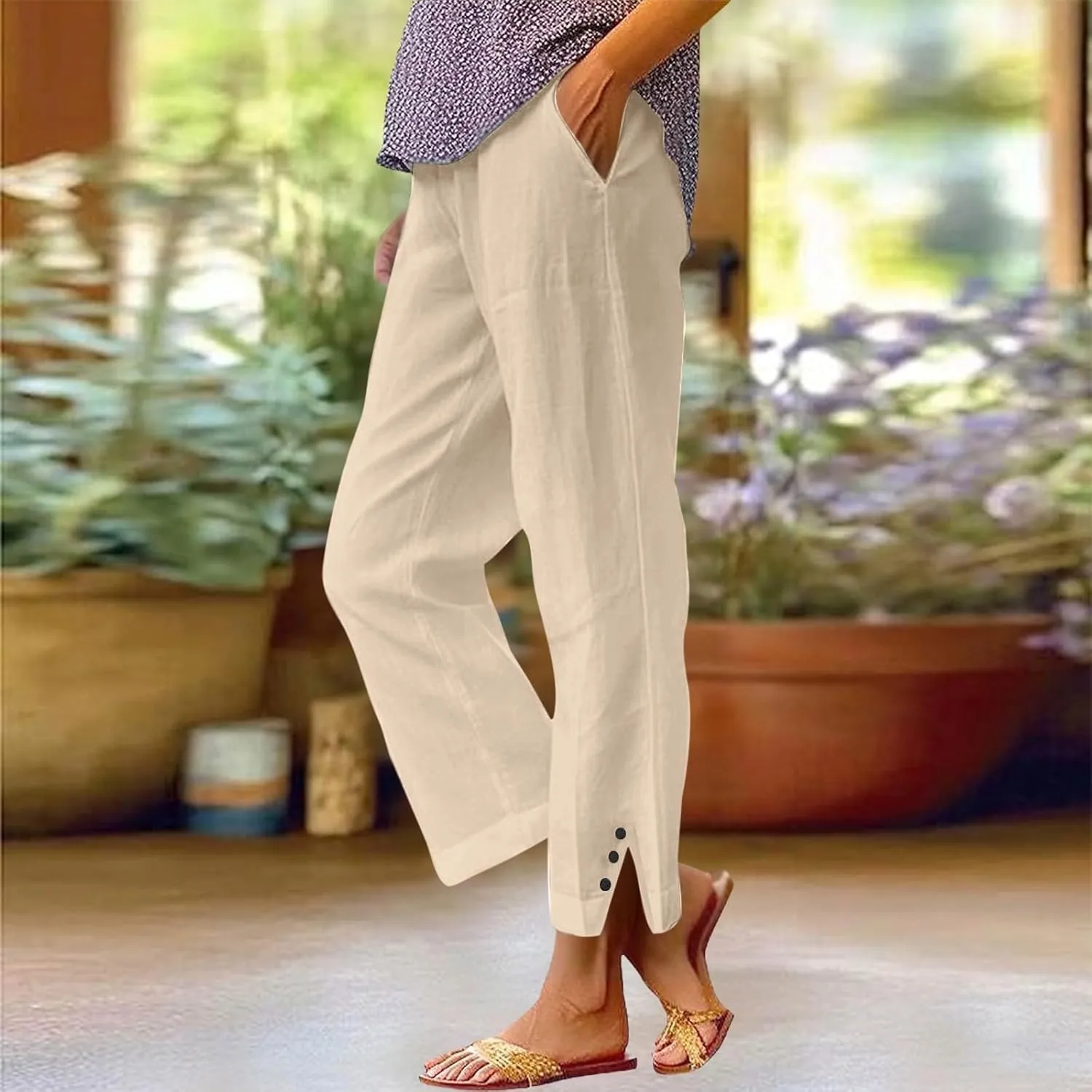 GOFULY Womens Linen Pants Casual Wide Leg High Rise Pants Beach Elastic Waist 2025 Summer Soft Solid Trouser with Pockets