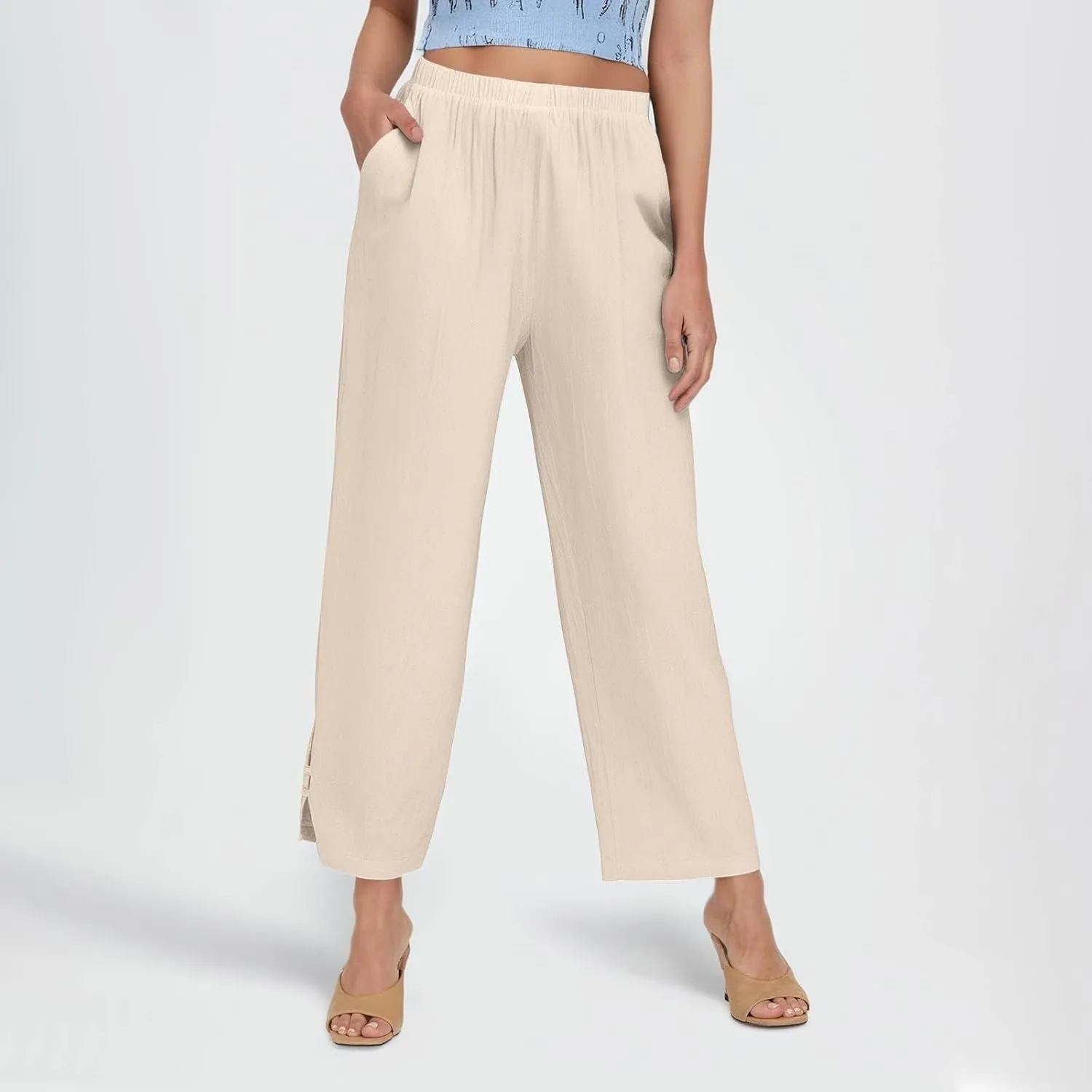 GOFULY Womens Linen Pants Casual Wide Leg High Rise Pants Beach Elastic Waist 2025 Summer Soft Solid Trouser with Pockets