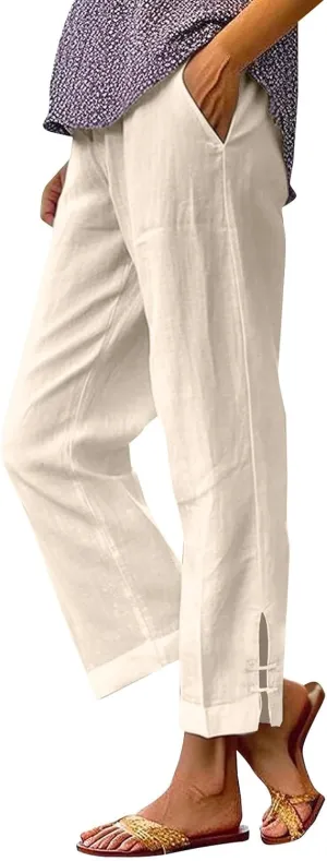 GOFULY Womens Linen Pants Casual Wide Leg High Rise Pants Beach Elastic Waist 2025 Summer Soft Solid Trouser with Pockets