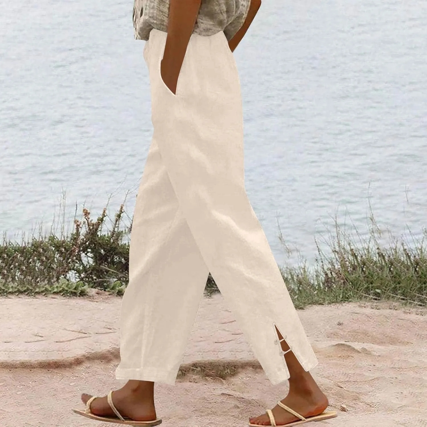 GOFULY Womens Linen Pants Casual Wide Leg High Rise Pants Beach Elastic Waist 2025 Summer Soft Solid Trouser with Pockets