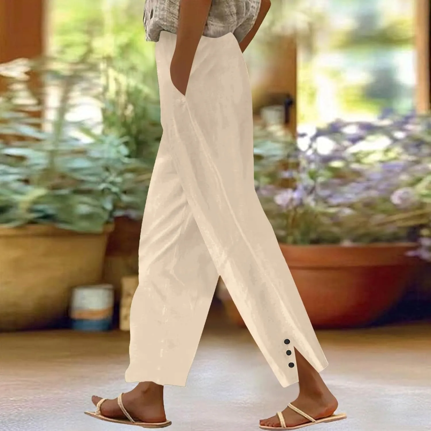 GOFULY Womens Linen Pants Casual Wide Leg High Rise Pants Beach Elastic Waist 2025 Summer Soft Solid Trouser with Pockets