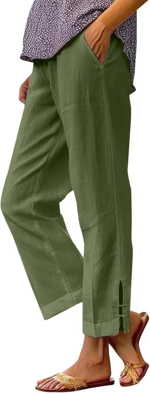 GOFULY Womens Linen Pants Casual Wide Leg High Rise Pants Beach Elastic Waist 2025 Summer Soft Solid Trouser with Pockets