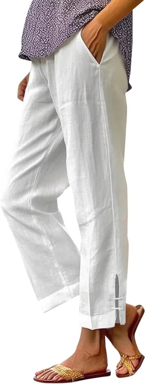 GOFULY Womens Linen Pants Casual Wide Leg High Rise Pants Beach Elastic Waist 2025 Summer Soft Solid Trouser with Pockets