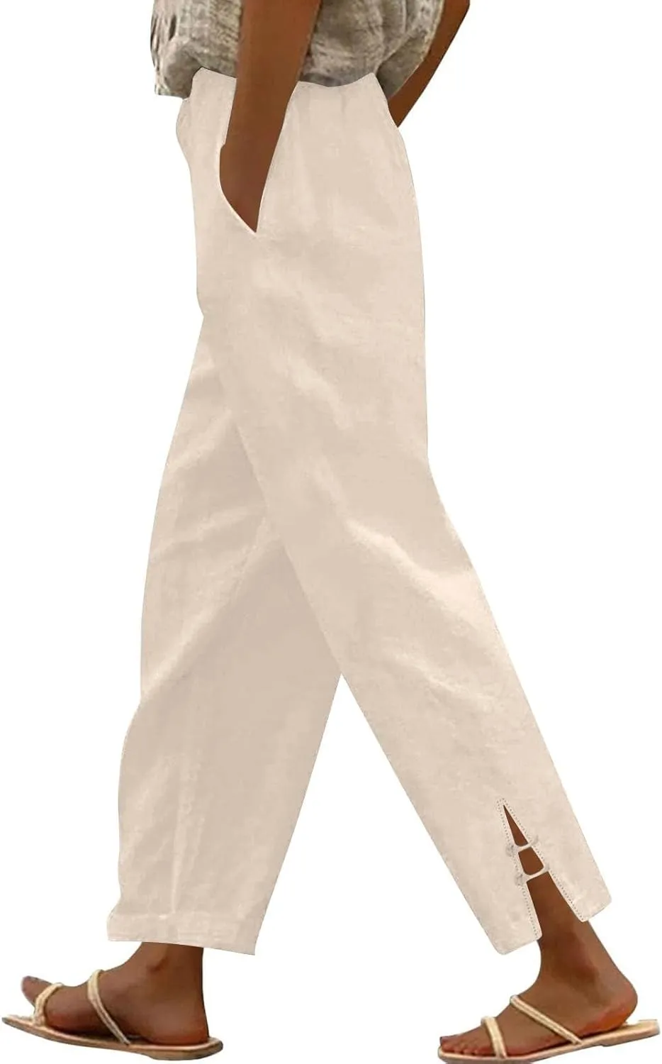 GOFULY Womens Linen Pants Casual Wide Leg High Rise Pants Beach Elastic Waist 2025 Summer Soft Solid Trouser with Pockets