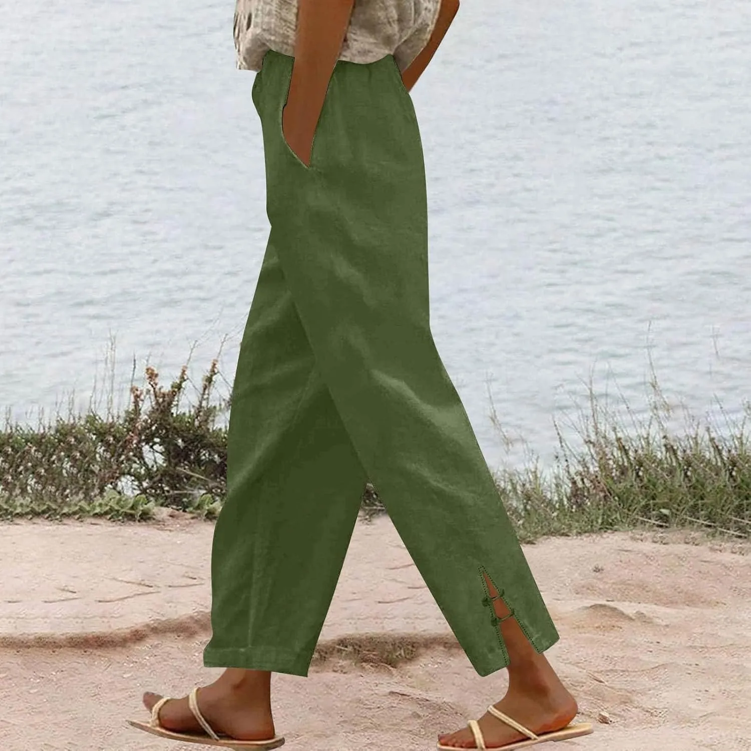 GOFULY Womens Linen Pants Casual Wide Leg High Rise Pants Beach Elastic Waist 2025 Summer Soft Solid Trouser with Pockets
