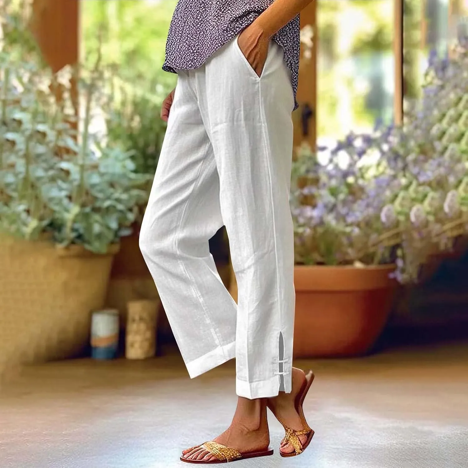 GOFULY Womens Linen Pants Casual Wide Leg High Rise Pants Beach Elastic Waist 2025 Summer Soft Solid Trouser with Pockets
