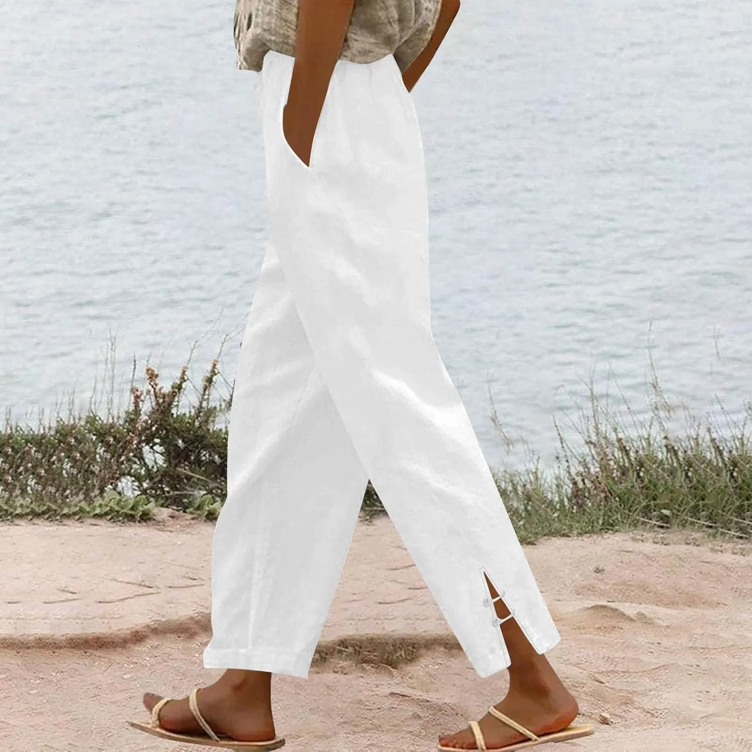 GOFULY Womens Linen Pants Casual Wide Leg High Rise Pants Beach Elastic Waist 2025 Summer Soft Solid Trouser with Pockets