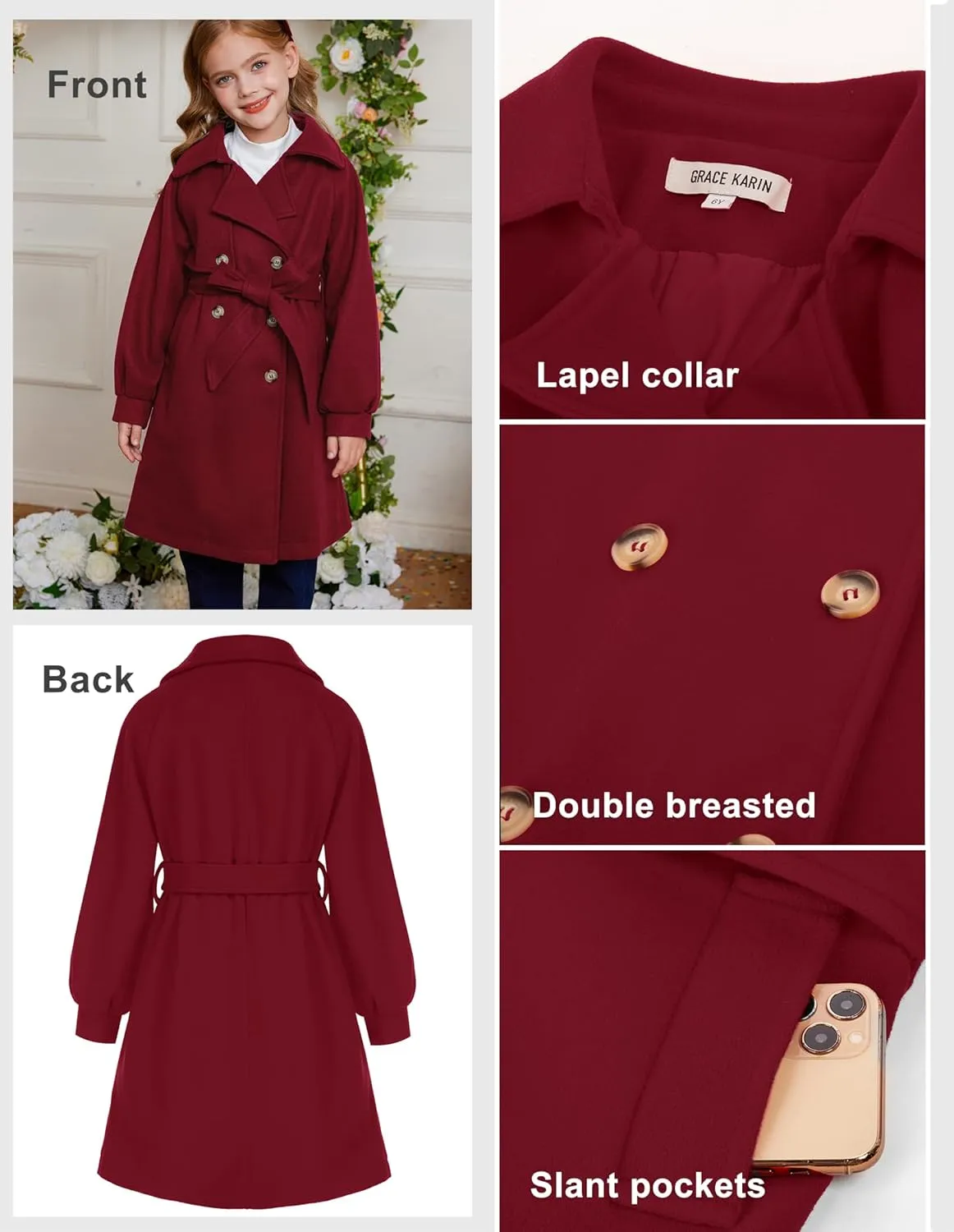 GRACE KARIN Girls Dress Coat Lapel Wool Blend Long Winter Jackets with Pockets Belt 6-14Y