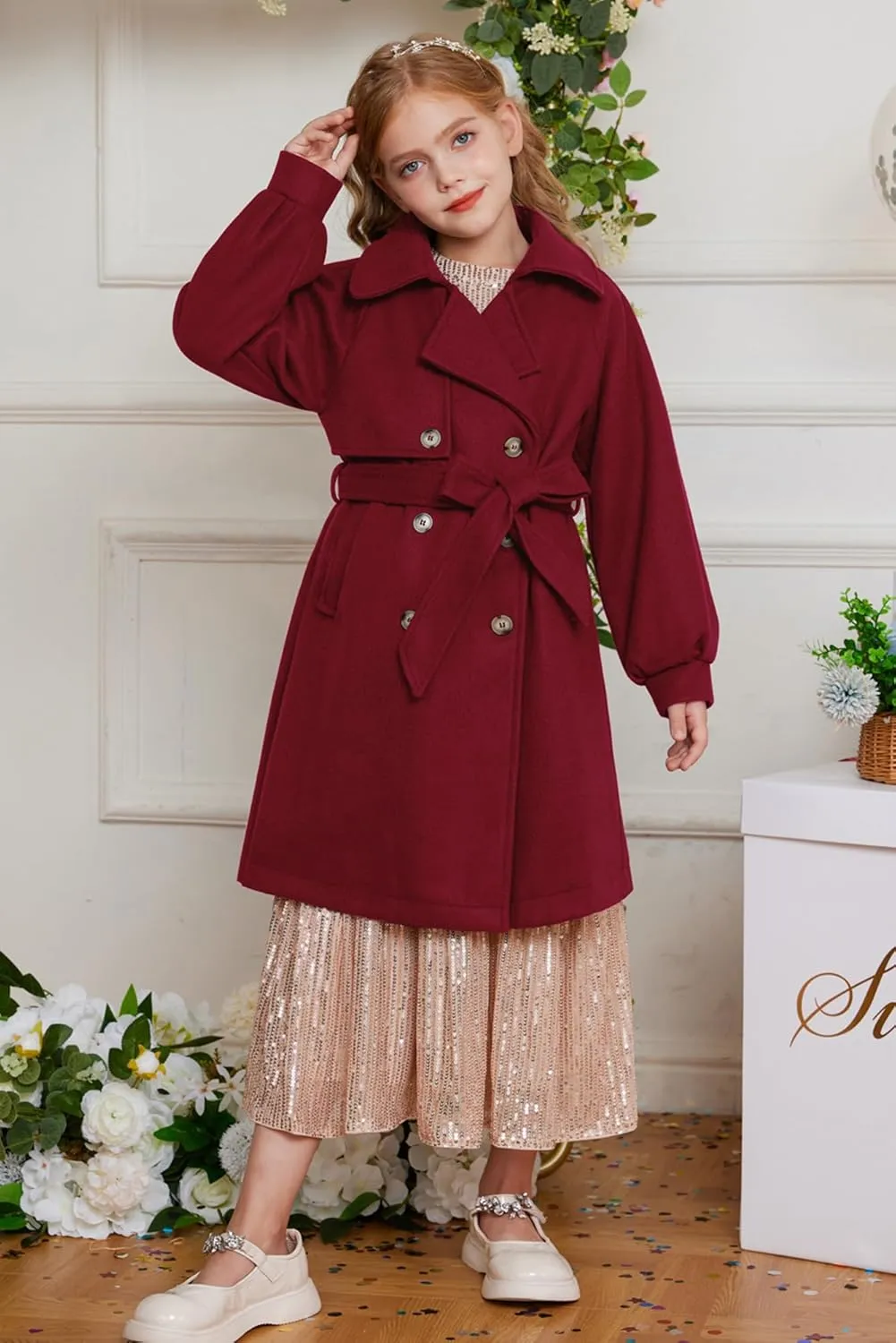 GRACE KARIN Girls Dress Coat Lapel Wool Blend Long Winter Jackets with Pockets Belt 6-14Y