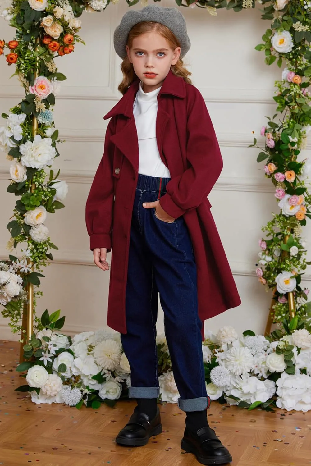 GRACE KARIN Girls Dress Coat Lapel Wool Blend Long Winter Jackets with Pockets Belt 6-14Y