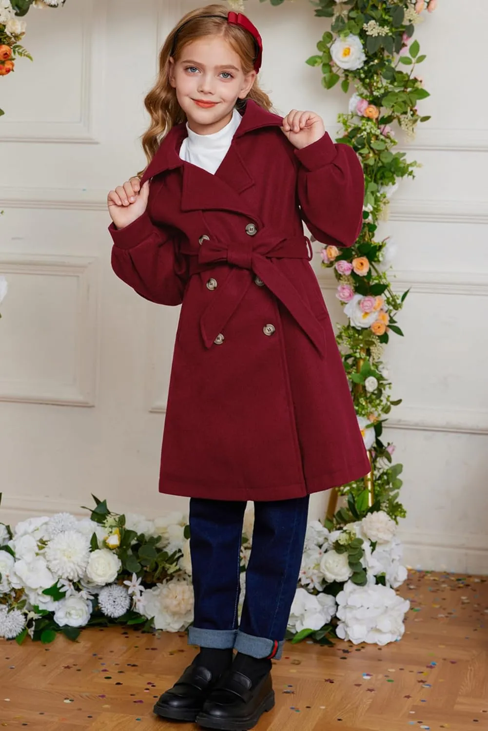 GRACE KARIN Girls Dress Coat Lapel Wool Blend Long Winter Jackets with Pockets Belt 6-14Y