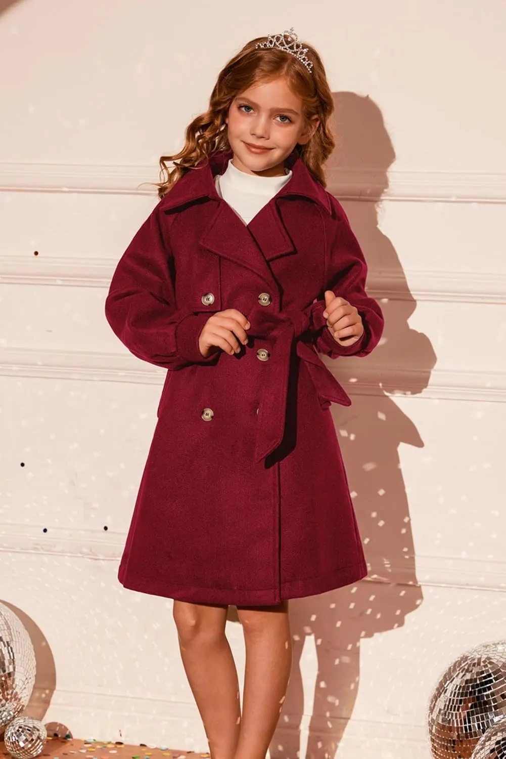 GRACE KARIN Girls Dress Coat Lapel Wool Blend Long Winter Jackets with Pockets Belt 6-14Y