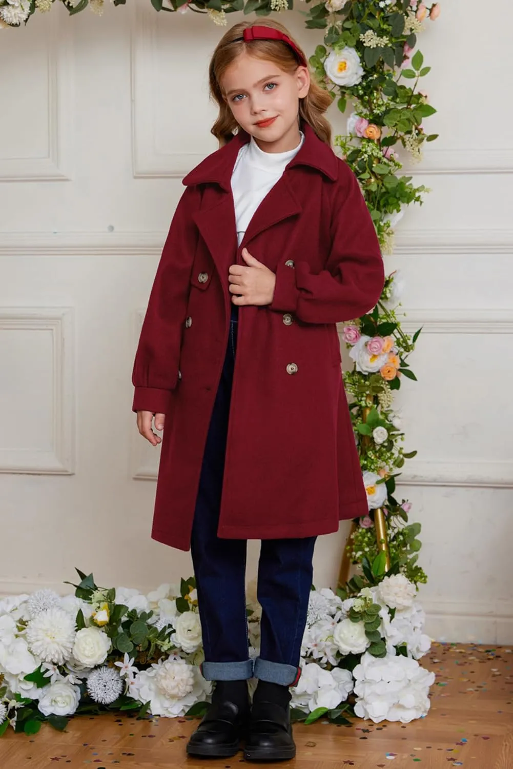 GRACE KARIN Girls Dress Coat Lapel Wool Blend Long Winter Jackets with Pockets Belt 6-14Y