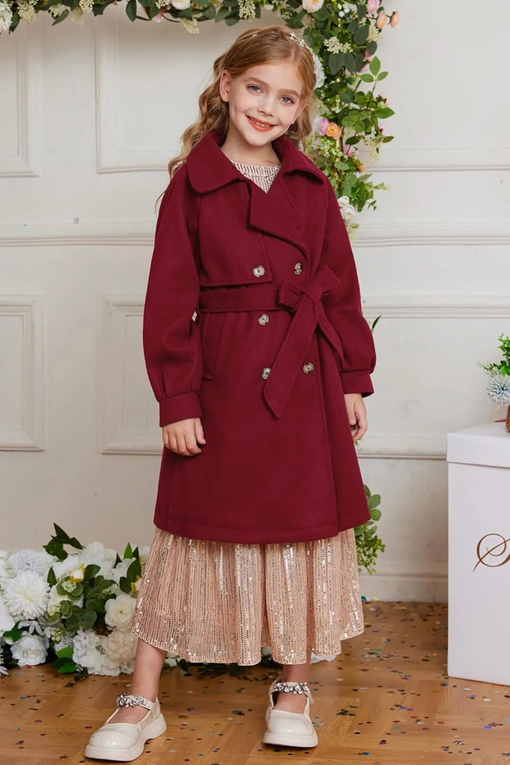 GRACE KARIN Girls Dress Coat Lapel Wool Blend Long Winter Jackets with Pockets Belt 6-14Y