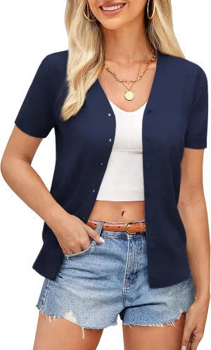 GRACE KARIN Womens 2025 Basic Summer Short Sleeve Cardigan Sweaters Lightweight V-Neck Button Down Cropped Shrug Sweater Tops