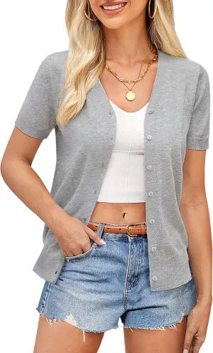 GRACE KARIN Womens 2025 Basic Summer Short Sleeve Cardigan Sweaters Lightweight V-Neck Button Down Cropped Shrug Sweater Tops